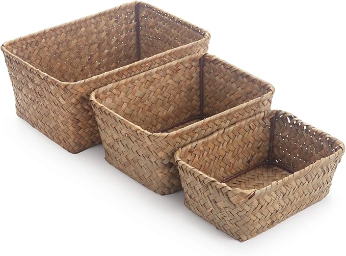 DOKOT Small Woven Wicker Open Storage, Rectangular Handmade Seagrass Baskets for Home, Bathroom Organization（Set of 3）