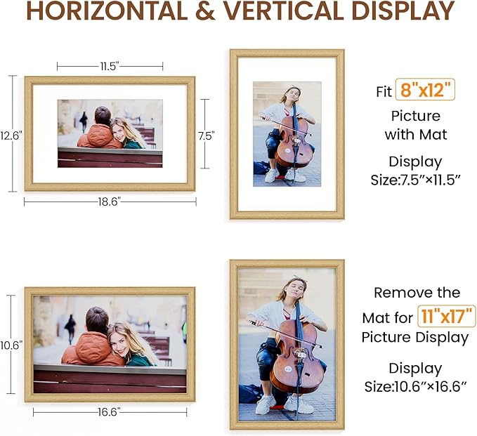 Natural Oak 11x17 Picture Frames Mat to 8x12 Picture Display,Original Wood Handcrafted Diploma Frame,Wooden Frame 11x17 with Tempered Glass Graduation Family Wedding Certificate Photo Wall Mounted