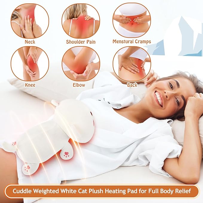 1.8lb White Cat Stuffed Animals Plush Microwavable Heating Pad-14'' White Cat Heating Pads for Cramps &Period Pain Relief, Heatable & Coolable Stuffed Animals Bedtime Birthday Gift for Women Kids