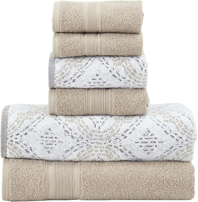 Modern Threads Capri 6-Piece Reversible Yarn Dyed Jacquard Towel Set - Bath Towels, Hand Towels, & Washcloths - Super Absorbent & Quick Dry - 100% Combed Cotton, Khaki