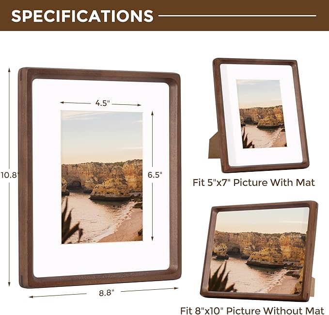 8x10 Walnut Frame USA-Sourced Natural Wood Picture Frames Handcrafted Rounded Corner with Mat to 6x8 Picture Display with Real Glass Family Picture, Photo, Certificate