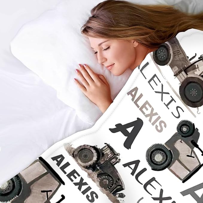 Personalized Tractors Blanket - Custom Name with Farm Tractor Trucks Design - Soft Plush Flannel Bed Blanket for Baby Kid Teen Boys Girls Customized Gifts White & Grey