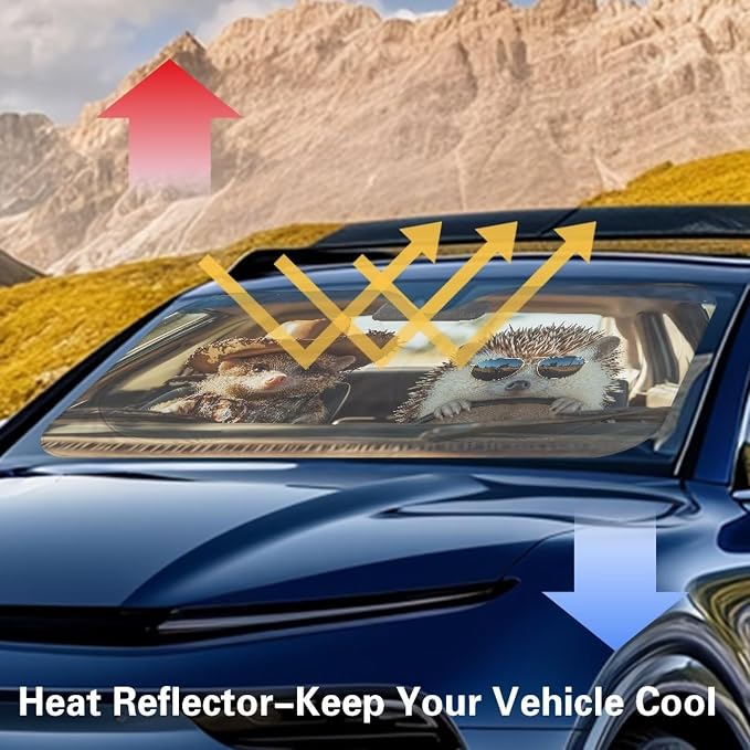Funny Hedgehog Car Windshield Sun Shade Foldable Automotive Interior Cover Sun Visor Protector Blocking Harmful UV Rays & Heat 66.5x34.4inches