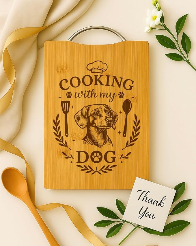 Bamboo Cutting Board, Funny Dog Lover Gift, Handmade Kitchen Decor – Cooking with My Dog (Dachshund)