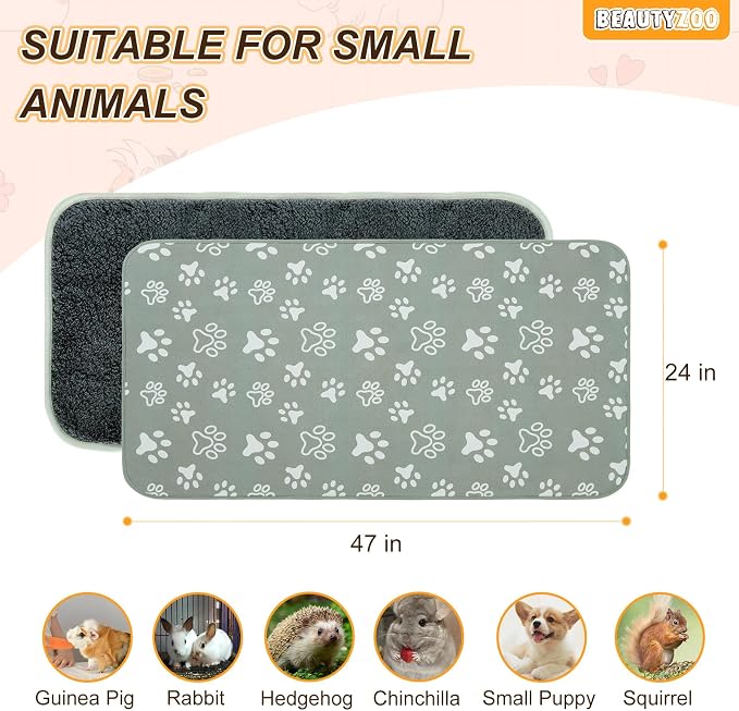 BEAUTYZOO 2Pack Washable Reversible Guinea Pig Cage Liners, Fleece Bedding | 24x47" Fleece Cage Liners, Waterproof Leakproof Super Absorbent Washable Reusable Pee Pads for Guinea Pig, Rabbit, Hamster