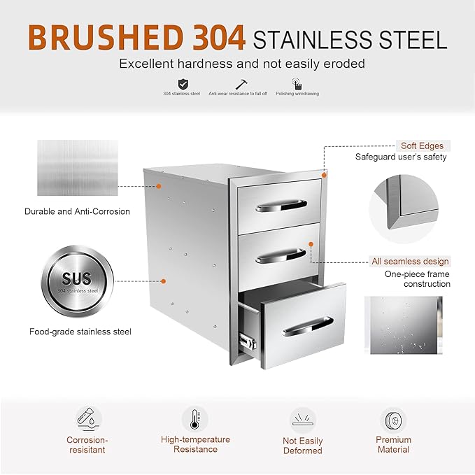 Outdoor Kitchen Drawers Stainless Steel 14W X 21H X 21D Inch, Flush Mount Triple BBQ Island Drawers with Handle for Outdoor Kitchens, Patio or Grill Station