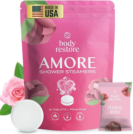 Body Restore Shower Steamers Aromatherapy 15 Pack - Christmas Stocking Stuffers for Men, Birthday Gifts for Women, White Elephant, Relaxation, Self Care - Rose