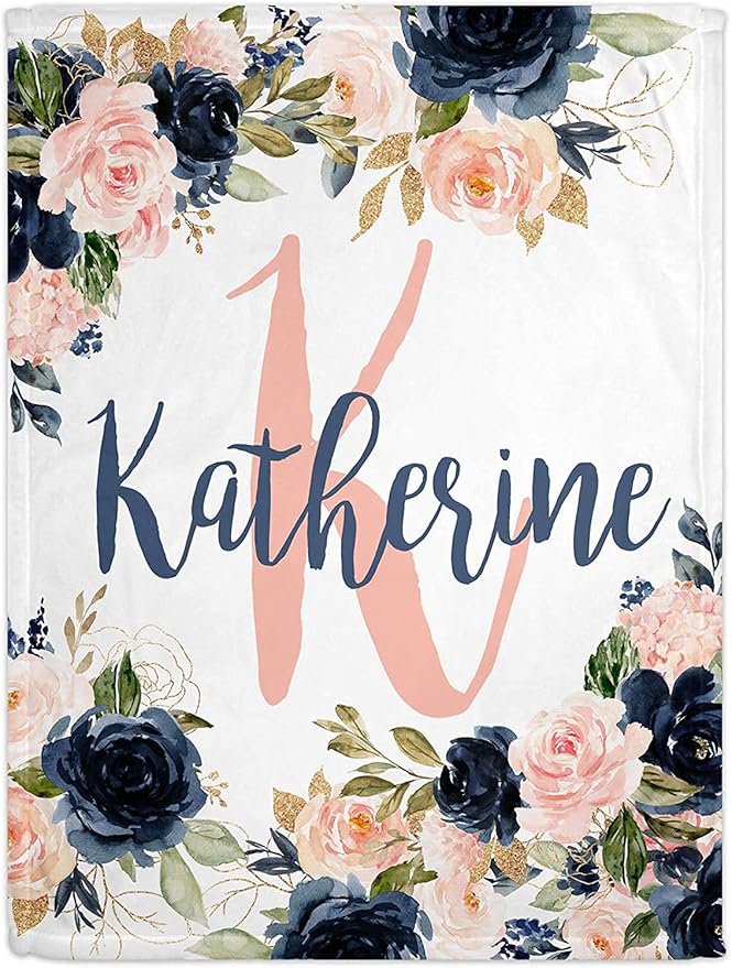 Girls Love A Monogram - Personalzied Custom Navy and Blush Floral Baby Blankets for Girls with Name Shower Gift (Navy & Blush, 30 X 40 Baby)