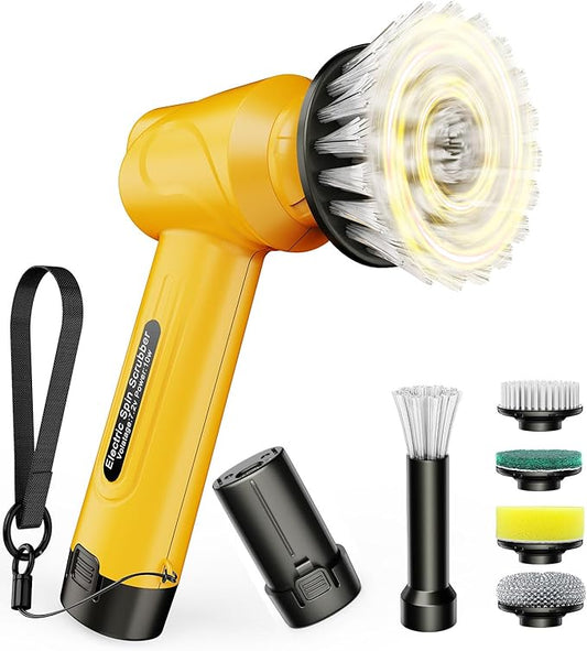 qimedo Battery Electric Spin Scrubber Q4, 800RPM Handheld Scrubber for Cleaning with Display, Power Dish Scrubber with 5 Heads, Shower Cordless Cleaning Brush for Bathroom/Sink/Window