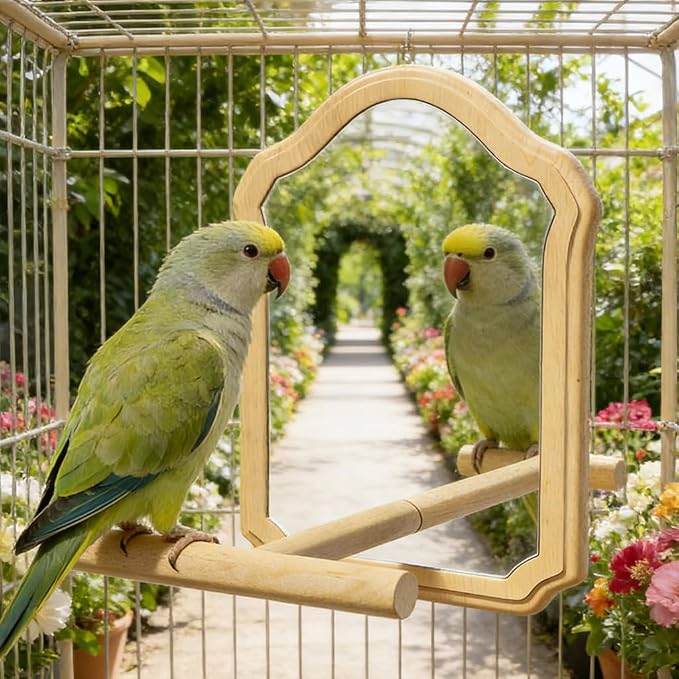 Bird Mirror with Wooden Perch, 15cm Parakeet Toys for Cage | Wooden Standing Bird Mirror Toy Chewing Perch with Reflective Mirror for Cockatiel, Lovebird, Parakeet, Bird Cage Accessories