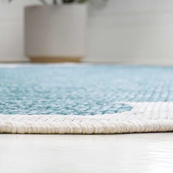 JONATHAN Y Cottage Two-Tone Scalloped Indoor Outdoor Area Rug 4X6 Turquoise/Cream, Alice Classic for Backyard, Patio, Porch, Easy-Cleaning, High Traffic, Pet-Friendly, Non-Shedding (SHP103D-4)