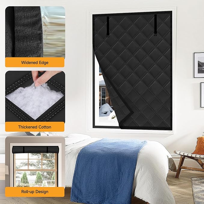Winter Insulated Window Curtain 47"x63", Oxford Cloth Thermal Insulated Window Cover with Buckles,Heavy Duty Window Insulation Kit Fits Windows up to 46"x62",Black
