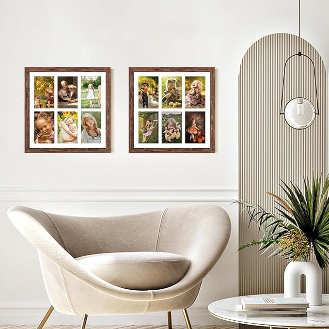 13x13 Collage frame with 6 Openings 4X6 Pictures, Multiple Picture Frame with Mat, Wall or Tabletop Decor, Carbonized Brown Wood Grain,2 Pack