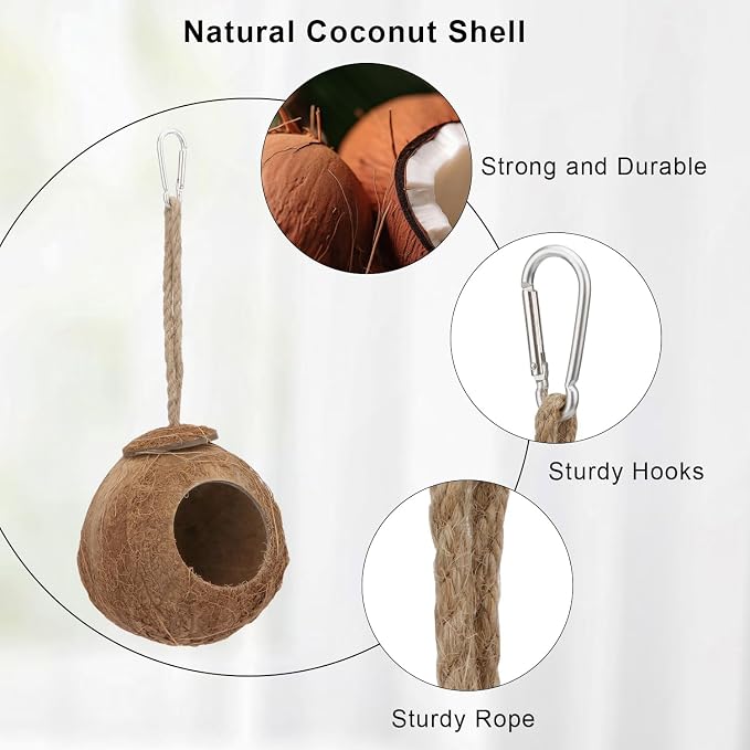 Hypeety Pet Bird Breeding Nest Natural Coconut Bird Hideout Hut for Cage | Natural coconut shell, for sleeping/breeding, easy to hang, swing toy, for parakeet/cockatiel/finch/hamster, with sturdy hook