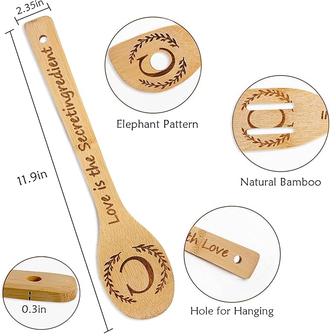 5PCS Initial Wooden Cooking Spoons Initial Letter Kitchen Decor Gifts Personalized Monogrammed Birthday Gifts for Women Mom Friend Housewarming Wedding Bamboo Cooking Spoons