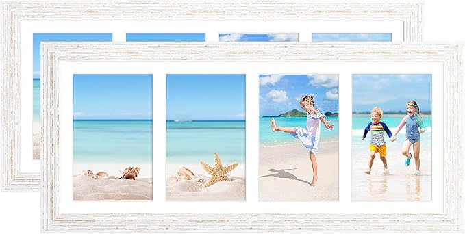 7x17 Collage frame with 4 Openings 4X6 Pictures, Multiple Picture Frame with Mat, Wall or Tabletop Decor, White Wood Grain,2 Pack