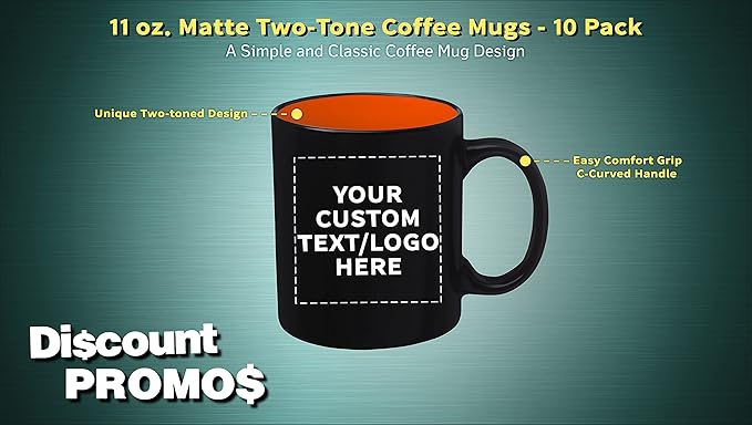 DISCOUNT PROMOS 10 Matte Two-Tone Coffee Mugs Set, 11 oz. - Customizable Text, Logo - Stoneware, Drinkware, Durable, C-handle - Orange