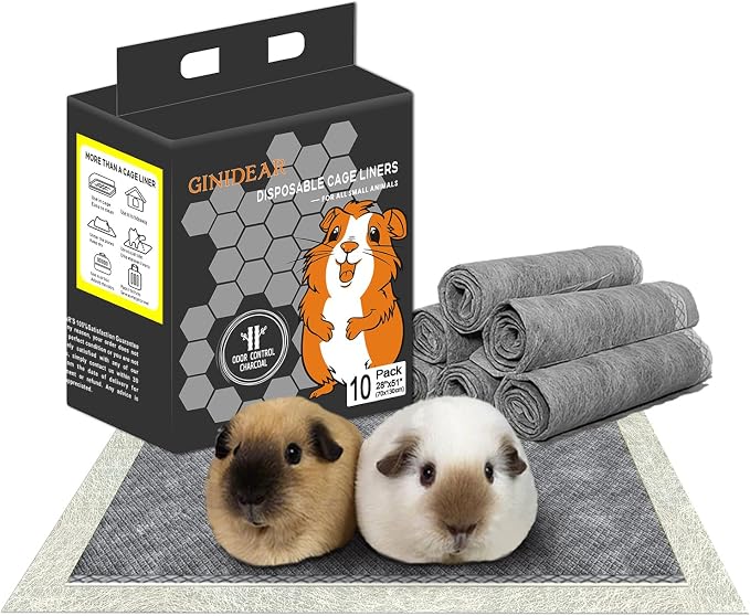 Disposable Guinea Pig Bedding, Cage Liners, Absorbent & Waterproof | Charcoal Odor Control Material, Ideal Pee Pads for Guinea Pigs, Rabbits, Hamsters, Small Pets, 24"x47"(for Midwest), 10 Count
