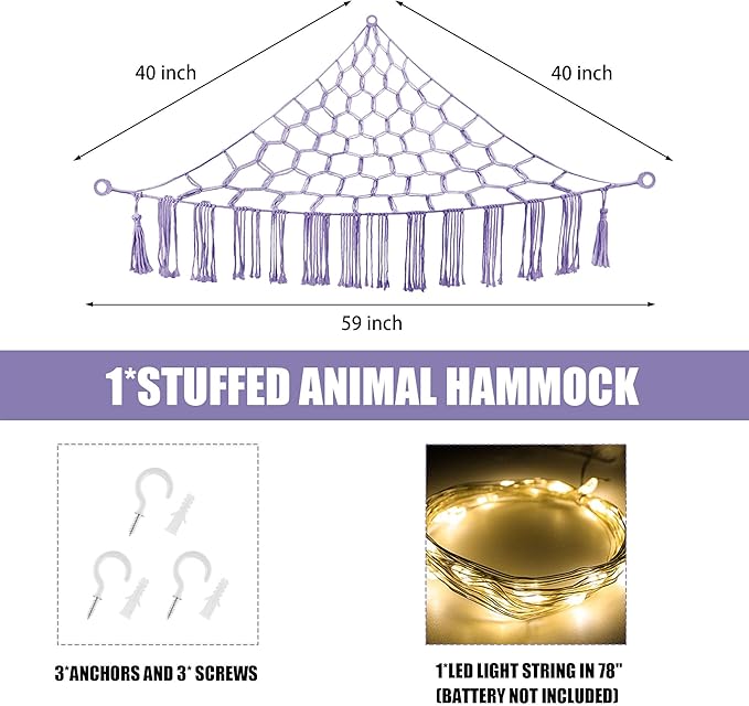 CERETIA Stuffed Animal Hammock with LED Light, Large Stuffed Animals Storage Corner Plushie Net for Kids Room Decor, Purple