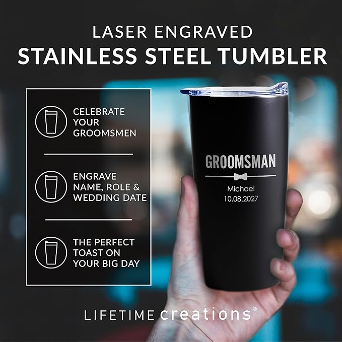 Lifetime Creations Engraved Personalized Groomsman Tumbler 20 oz - Custom Groomsmen, Best Man, Bachelor Party Stainless Steel Coffee Travel Mug Gift (Option C)