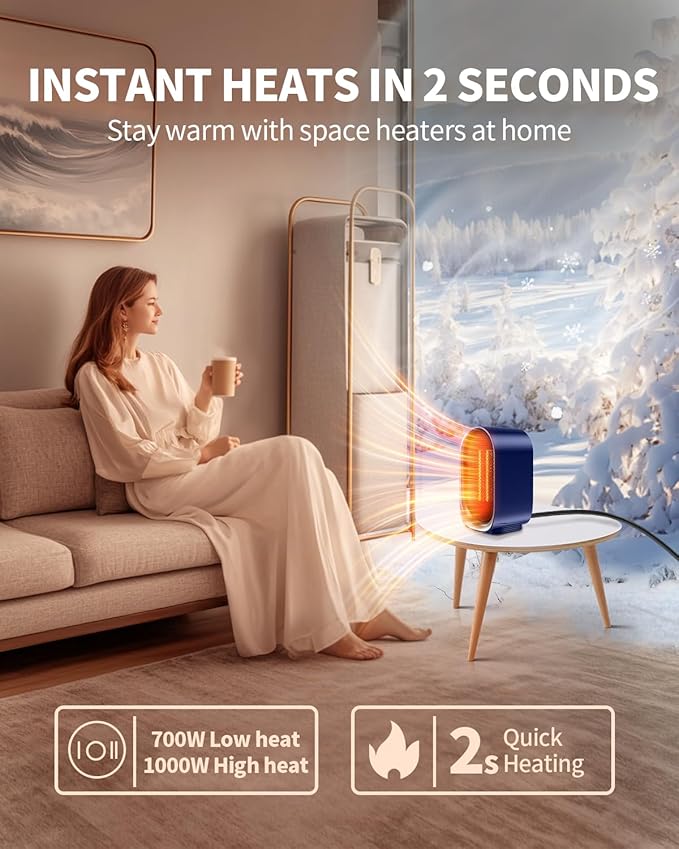 Space Heater, Portable Small Heaters for Indoor Use, Electric Desk Heater with Overheat and Tip-Over Protection, Mini Personal Heaters for Home Office Workspace,Blue