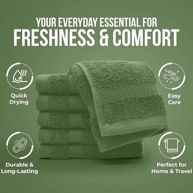 DAN RIVER 12-Pack Premium 100% Cotton SAGE Green Face Towels – Reusable Face Towel Set, Soft & Absorbent Body wash Cloths – Hand and Face Towels, 550 GSM (12x12 in)