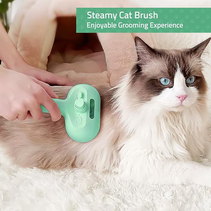 Bunny Ferret Steam Brush Release Button Self Cleaning Spray Comb for Long and Short Hair Cats Rechargeable Steaming Cat Grooming Brush Steamer to Remove Loose Hair (Green)