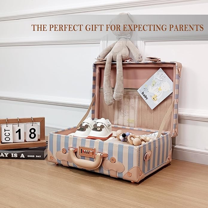 Unitravel Baby Keepsake Case, Handmade Memory Storage Box, Newborn Keepsake Box, Vintage Suitcase for Baby Shower, Baptism, Naming Ceremony or Birthday
