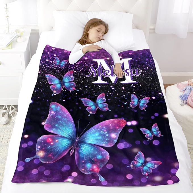 Personalized Baby Blanket with Initial - Customized Throw Blanket Gift for Girls Kids Teens Adults (Butterfly Design)