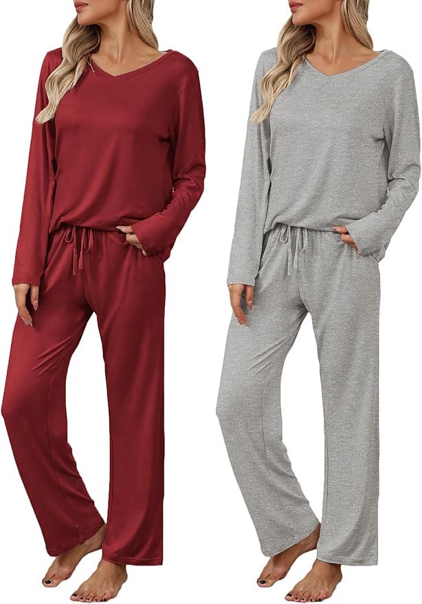 Ekouaer Womens 2 Pack Pajama Set Long Sleeve Pajamas Top and Pants V Neck Pjs Set Soft Loungewear with Pockets