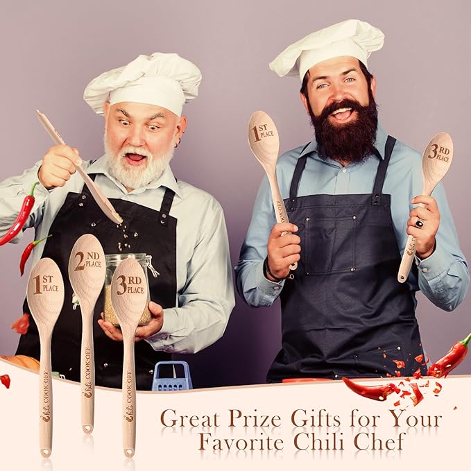 Soaoo Set of 3 Chili Cook Off Trophy Wooden Spoon Prizes Chili Engraved Cooking Spoons for 1st 2nd 3rd Cooking Competition Award(Carved at Handle and Spoon Surface)