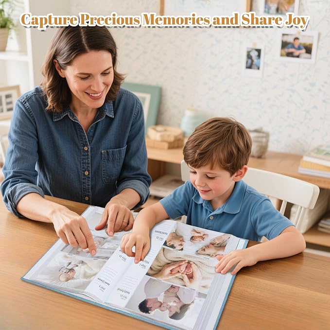 Baby Photo Album 4x6 300 Pockets with Memo Area & Hand and Footprint Kit, Linen Cover Slip-in Memory Book with Front Window, Acid-Free Keepsake for Newborn Boy Girl, First Year Moments