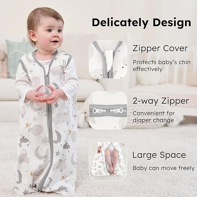 Baby Sleep Sack 6-12 months, 100% Cotton Sleeping Sack for Newborn and Infant, 3 Pack Baby Wearable Blanket for Boy and Girl, 0.5 Tog Lightweight Double Zipper Sleep Bag Grey Moon Bear