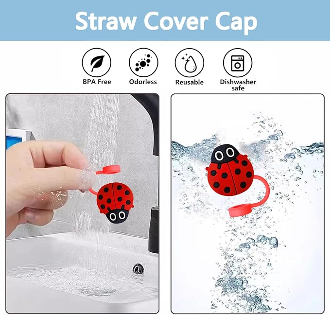 Animal Straw Toppers For Stanley Cups;Straw Covers Cap Toppers Compatible With Stanley 30&40 Oz Tumbler, Reusable & Silicone Tumbler Straws Topper For 0.4 Inch Tips Animal Lover Gifts (Ladybug)