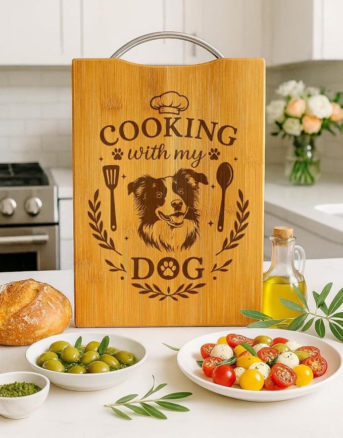 Bamboo Cutting Board, Dog Lover Kitchen Gift, Handmade Decor – Cooking with My Dog (Border Collie)