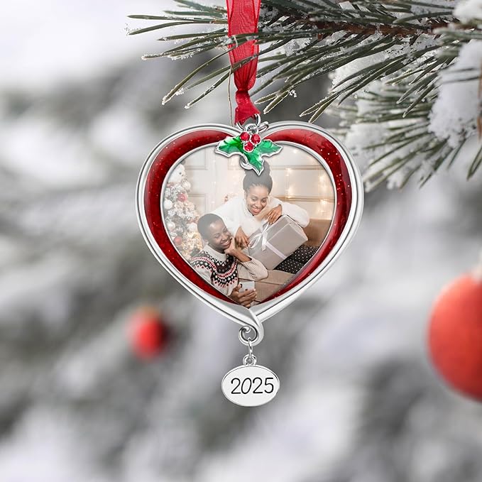 Christmas Tree Ornament Picture Frame Metal Hanging Pendant Holiday 2.5" Photo Frame Charm Decorative of Pets, Baby First Christmas, Family (2025 Red)