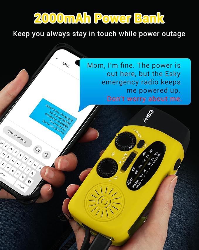 Esky Emergency Hand Crank Radio with 3 LED Flashlight, AM/FM/NOAA Portable Weather Radio with 2000mAh Rechargable Battery, Solar Powered USB Charged Radio for Indoor Outdoor Camping, SOS Alarm