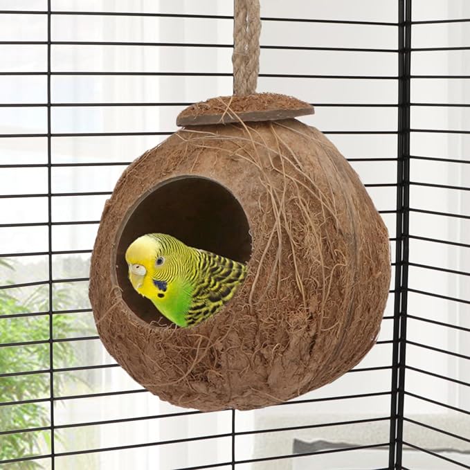 Hypeety Pet Bird Breeding Nest Natural Coconut Bird Hideout Hut for Cage | Natural coconut shell, for sleeping/breeding, easy to hang, swing toy, for parakeet/cockatiel/finch/hamster, with sturdy hook