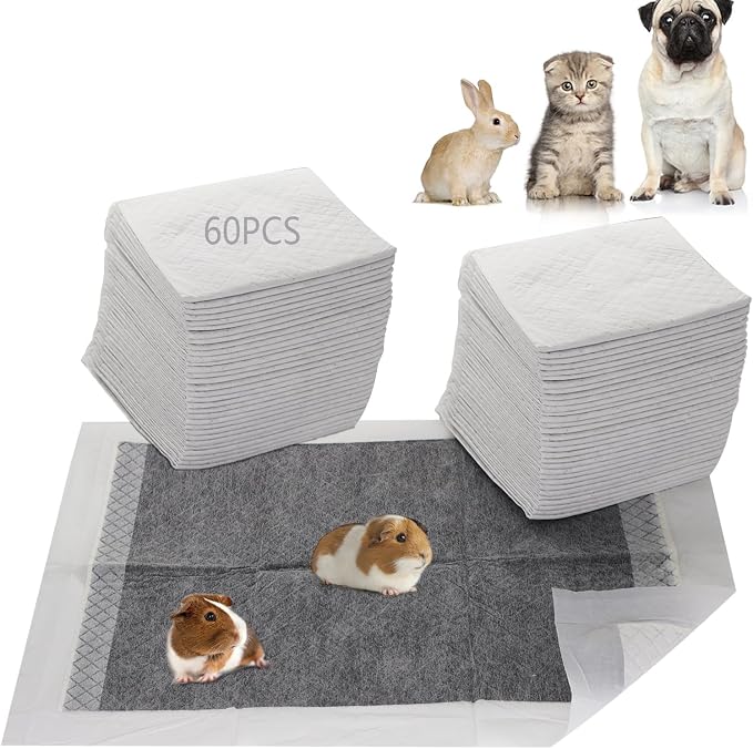 Guinea Pig Pee Pads, Disposable Rabbit Cage Liners, Charcoal Odor Controlling Absorbent Waterproof Pee Pads for Hamster, Bunny, Ferret, Chinchilla and Other Small Animals (24" x 18", 60 PCS)