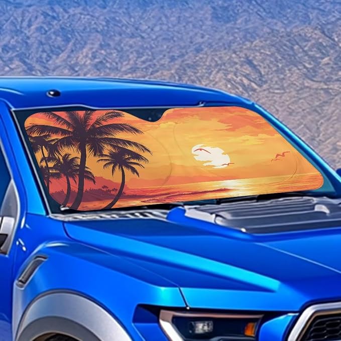 Tropical Sunset Windshield Sun Shade Foldable Car Sun Shade for Front Window Blocks UV Rays Heat Block Universal Fit for Car Window Sunshades Cover Suitable for Most Cars