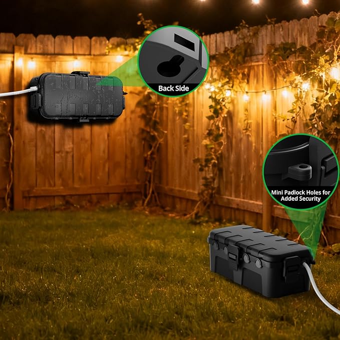 QUOBAS 2 Pack Outdoor Waterproof Electrical Box with 6 Cable Ports, IP54 Weatherproof Heavy-Duty Extension Cord Cover for Power Strips, Garden Power Tools, Holiday Lights, Black