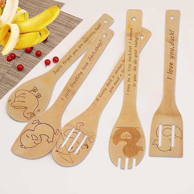 5PCS Duck Wooden Cooking Spoons Set Bamboo Cooking Spoons | Duck Kitchen Decor Housewarming Wedding Anniversary Thanksgiving Christmas for Mom Women Animal Lovers