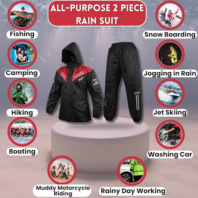 BYKR Waterproof Outdoors Motorcycle Rain Suits for Men & Women Cycling 2-Piece Breathable & Windproof Wet Weather Protection