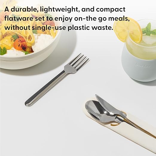 W&P Porter Stainless Steel Utensils with Silicone Carrying Case | Cream | Spoon, Fork & Knife for Meals on the Go | Portable and Compact Set