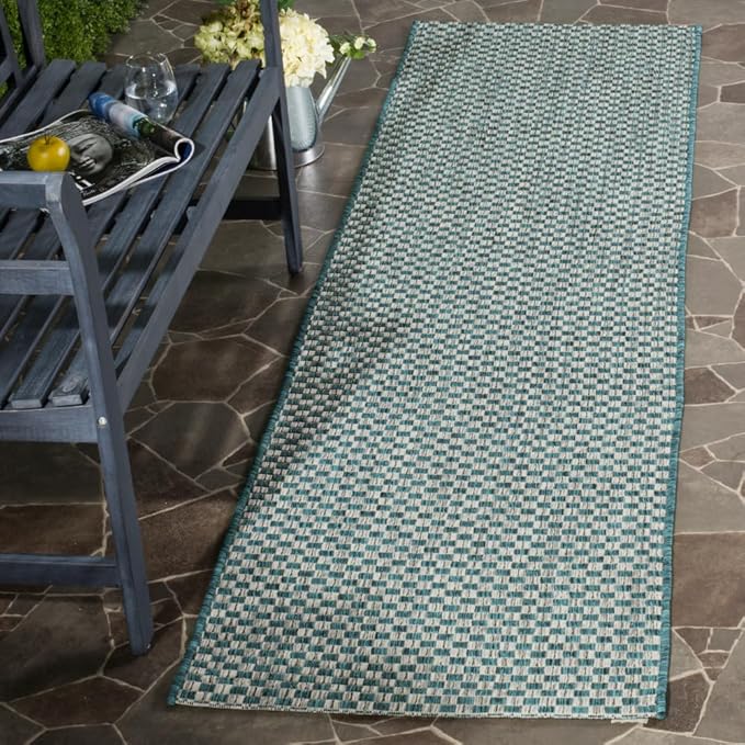 SAFAVIEH Washable Rug Outdoor Courtyard Collection - 2'3" x 6'7" Runner, Turquoise & Light Grey, Non-Shedding & Easy Cleaning, Ideal for Patio, Entryway, Mudroom, Hallway, Kitchen (CY8653-37221)