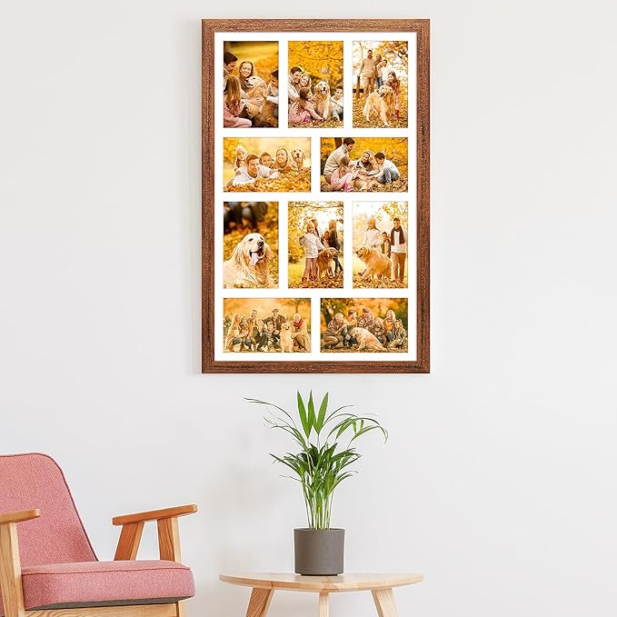 13x21 Collage frame with 10 Openings 4X6 Pictures, Multiple Picture Frame with Mat, Wall or Tabletop Decor, Carbonized Brown Wood Grain,2 Pack