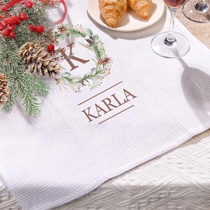 NICEDREAM Custom Name Monogram Christmas Kitchen Towels White Waffle Christmas Wreath Towel Christmas Tea Towels Decorative Hand Towels for Bathroom Personalized Kitchen Christmas Towels