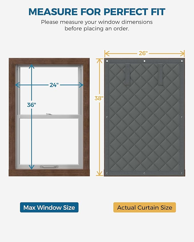 Thermal Insulated Window Cover, Curtain Size 26 x 38 Inch, Quilted Oxford Cloth Thick Cotton Filled, Fits up to 24''×36'' Windows, Ideal for Keeping Warm in Winter, Grey