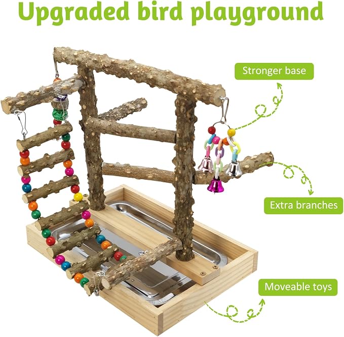 BNOSDM Natural Wood Bird Playground for Training & Playing, Parrot Perch Stand Jungle Gym with Hanging Bridge & Detachable Tray Parakeet Cage Playstand for Budgie, Cockatiel, African Grey