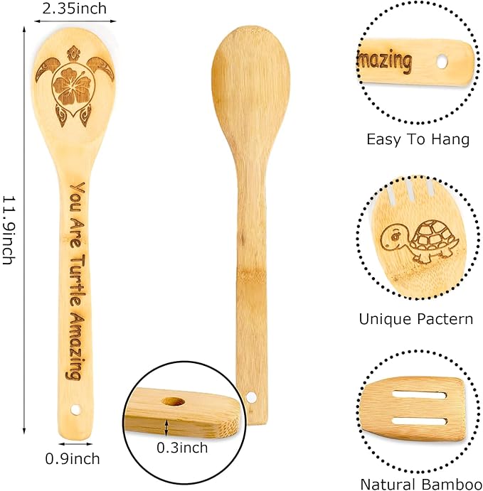 5PCS Turtle Wooden Cooking Spoons Set Bamboo Cooking Spoons | Turtle Kitchen Decor Housewarming Wedding Kitchen Gift Idea Gifts for Women Ocean Lovers